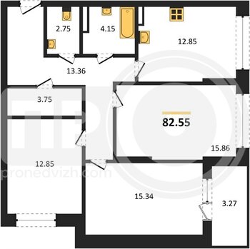 Миниатюра 3-комнатная квартира, 82.55кв.м