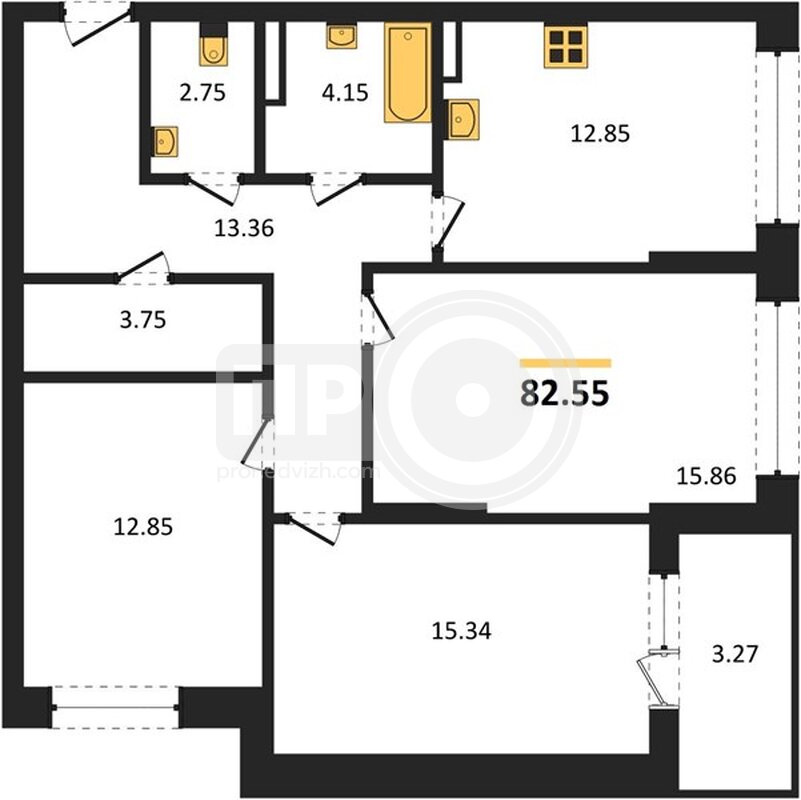 3-комнатная квартира, 82.55кв.м