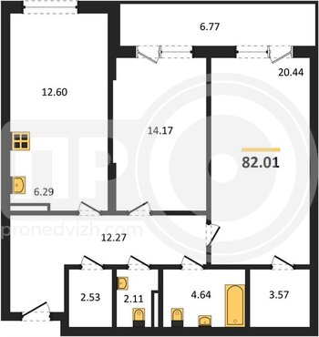 Миниатюра 2-комнатная квартира, 82.01кв.м