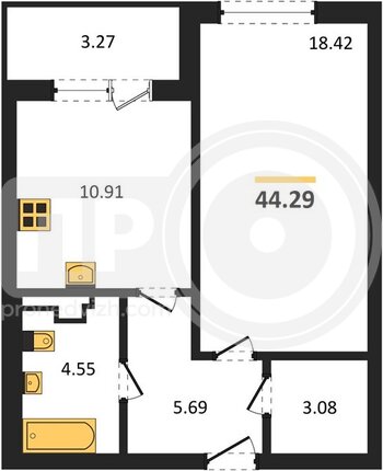 Миниатюра 1-комнатная квартира, 44.29кв.м