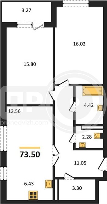 Миниатюра 2-комнатная квартира, 73.5кв.м