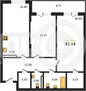 Миниатюра 2-комнатная квартира, 81.14кв.м