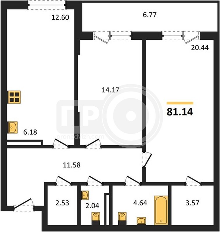 2-комнатная квартира, 81.14кв.м