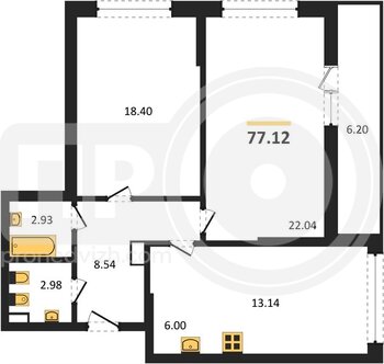 Миниатюра 2-комнатная квартира, 77.12кв.м