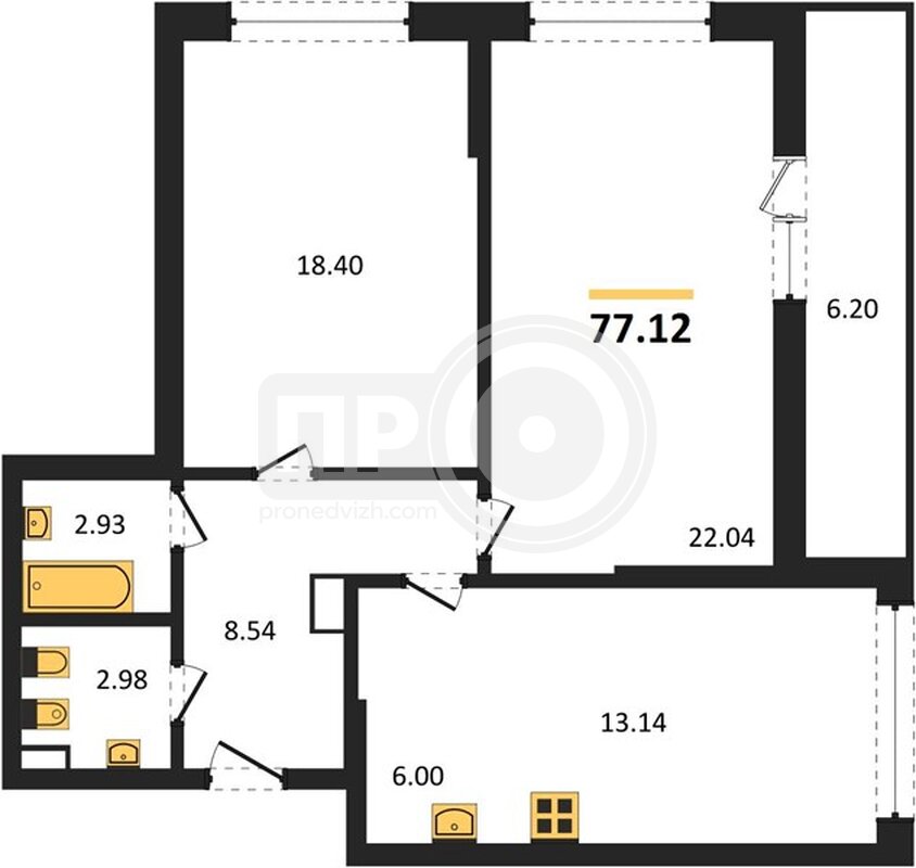2-комнатная квартира, 77.12кв.м