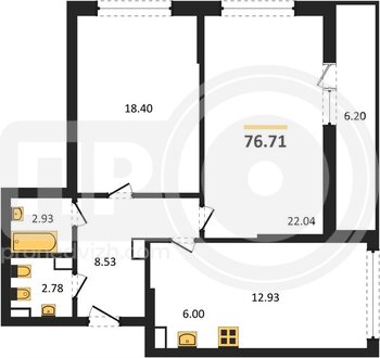 Миниатюра 2-комнатная квартира, 76.71кв.м
