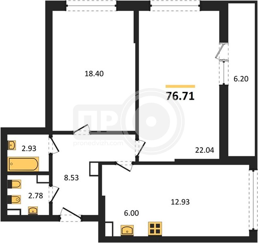 2-комнатная квартира, 76.71кв.м