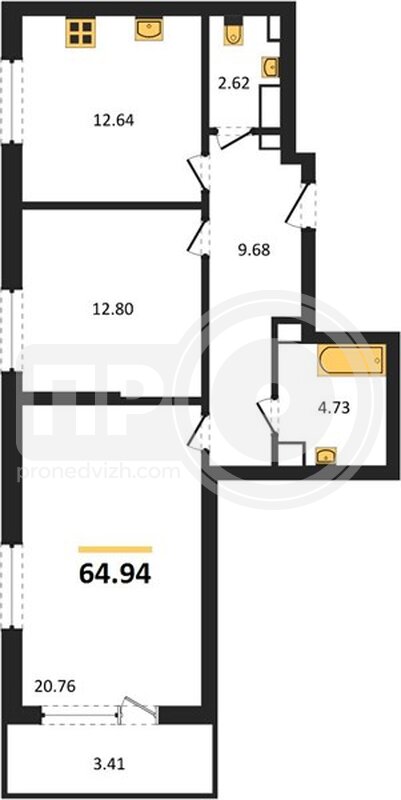 2-комнатная квартира, 64.94кв.м