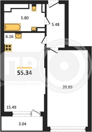 Миниатюра 1-комнатная квартира, 55.34кв.м