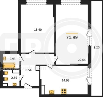 Миниатюра 2-комнатная квартира, 71.99кв.м