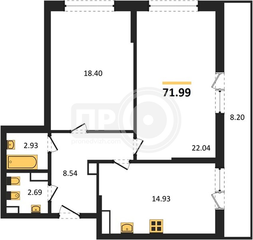 2-комнатная квартира, 71.99кв.м