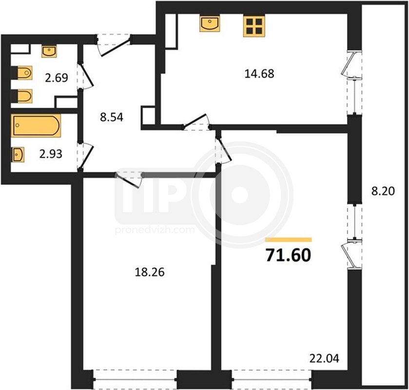 2-комнатная квартира, 71.6кв.м