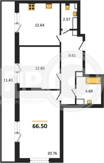 Миниатюра 2-комнатная квартира, 66.5кв.м