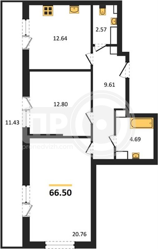 2-комнатная квартира, 66.5кв.м