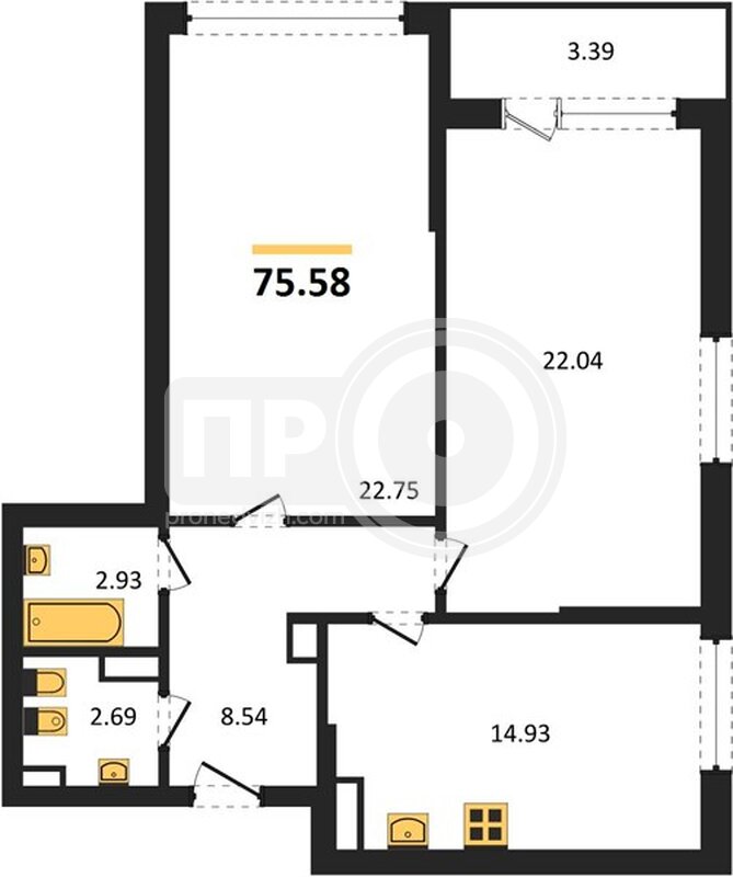 2-комнатная квартира, 75.58кв.м
