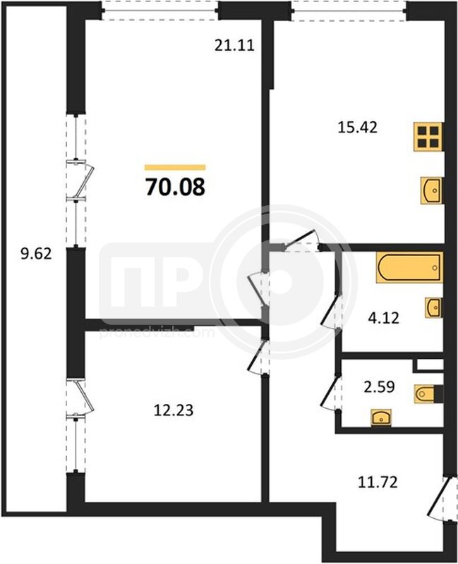 2-комнатная квартира, 70.08кв.м