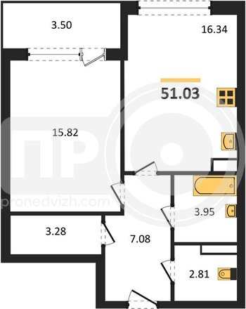 Миниатюра 1-комнатная квартира, 51.03кв.м