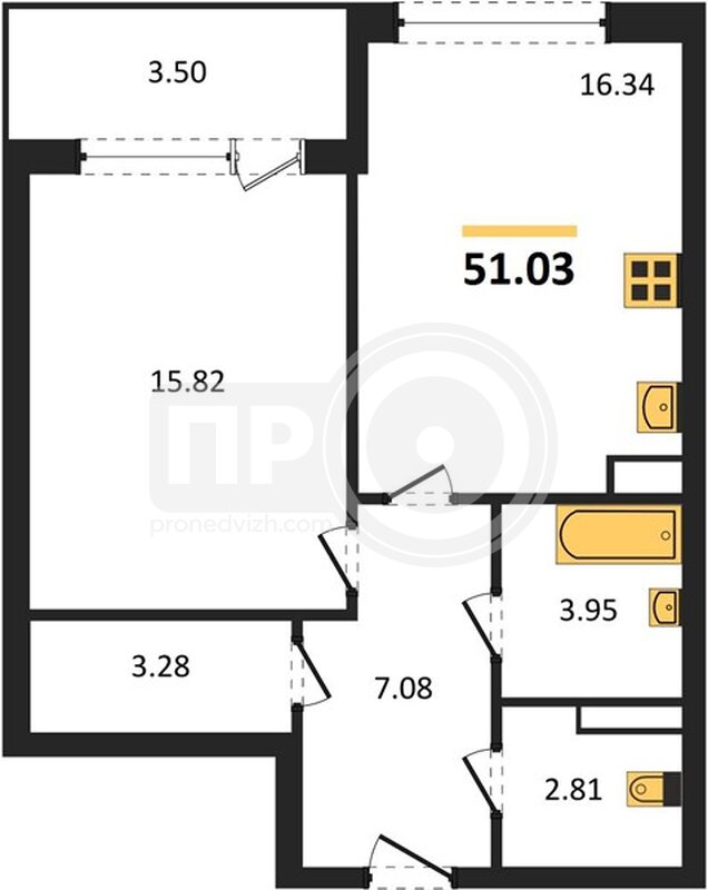 1-комнатная квартира, 51.03кв.м