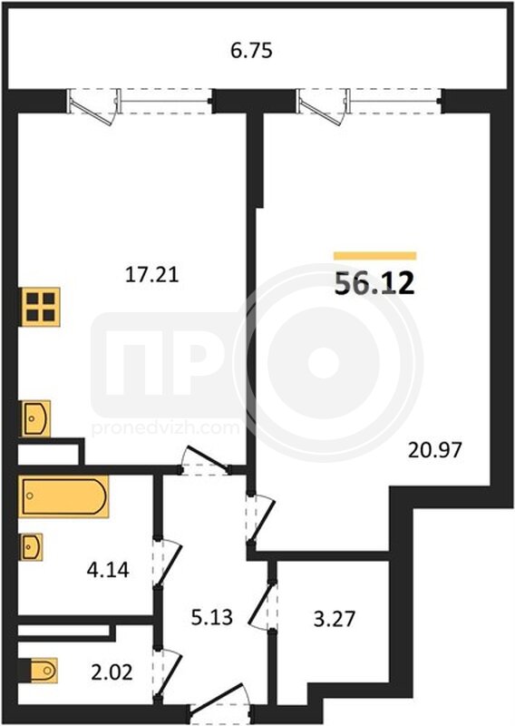1-комнатная квартира, 56.12кв.м