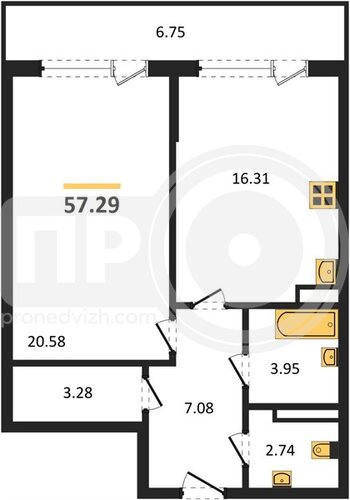 Миниатюра 1-комнатная квартира, 57.29кв.м
