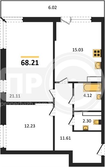 Миниатюра 2-комнатная квартира, 68.21кв.м
