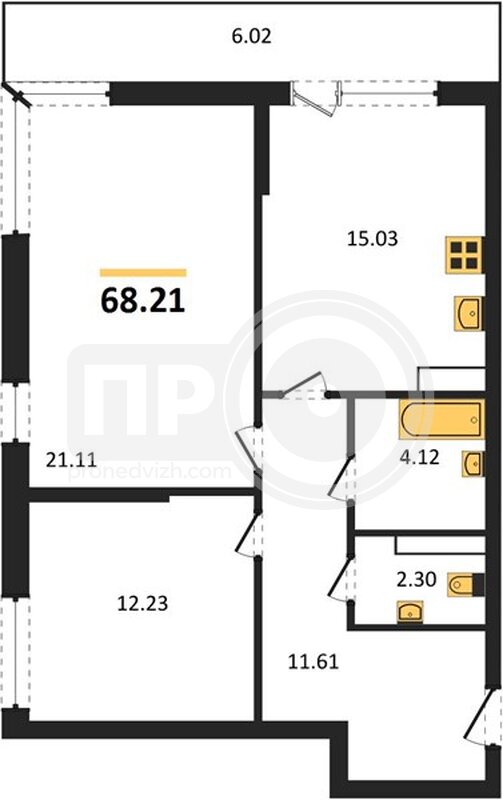 2-комнатная квартира, 68.21кв.м