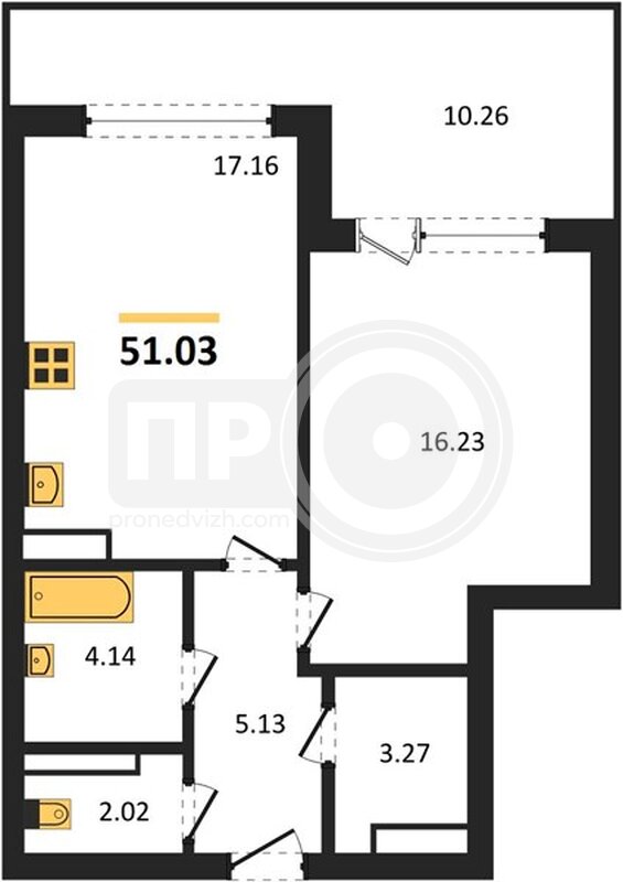 1-комнатная квартира, 51.03кв.м