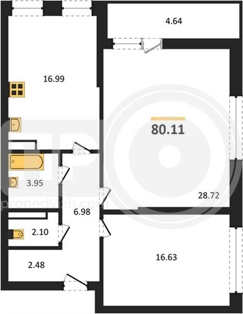 Миниатюра 2-комнатная квартира, 80.11кв.м