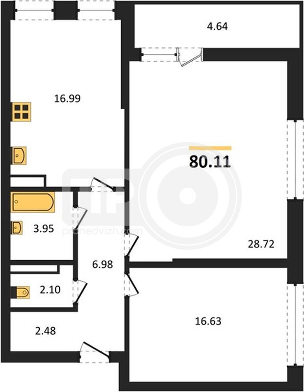 2-комнатная квартира, 80.11кв.м