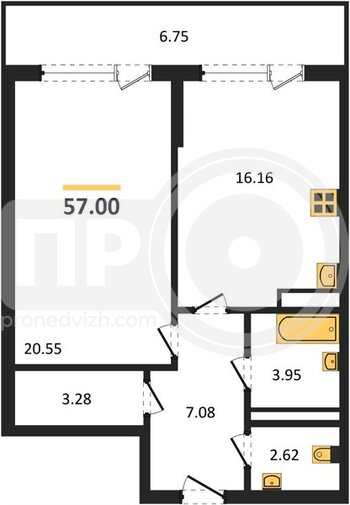 Миниатюра 1-комнатная квартира, 57кв.м
