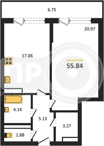Миниатюра 1-комнатная квартира, 55.84кв.м