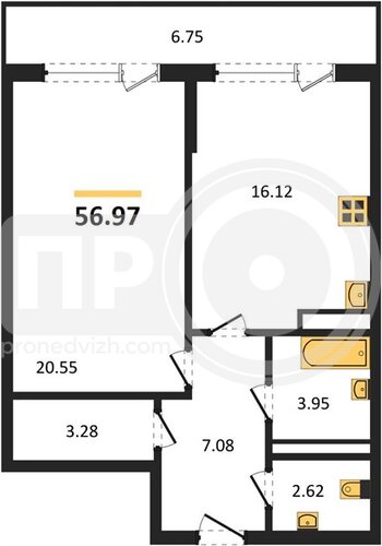 Миниатюра 1-комнатная квартира, 56.97кв.м