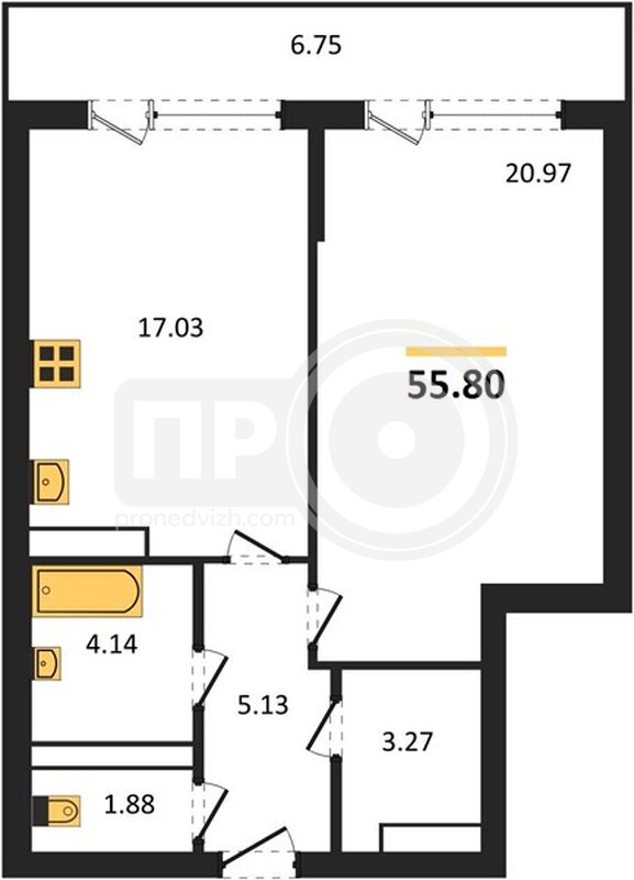 1-комнатная квартира, 55.8кв.м