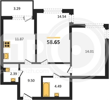 Миниатюра 2-комнатная квартира, 58.65кв.м