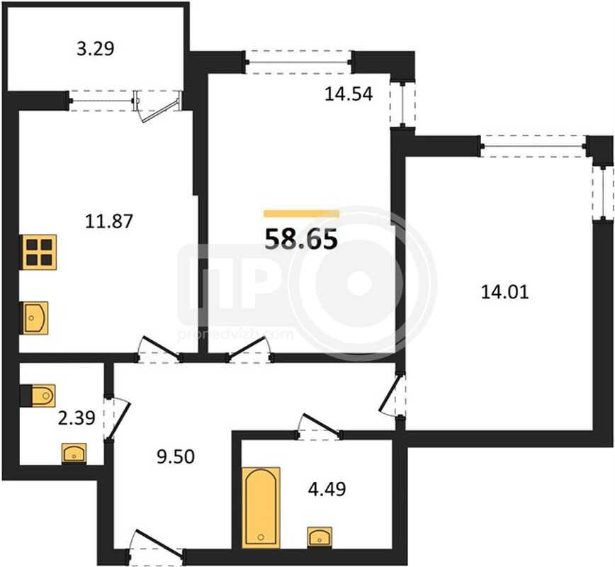 2-комнатная квартира, 58.65кв.м