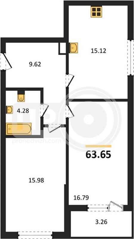 2-комнатная квартира, 63.65кв.м