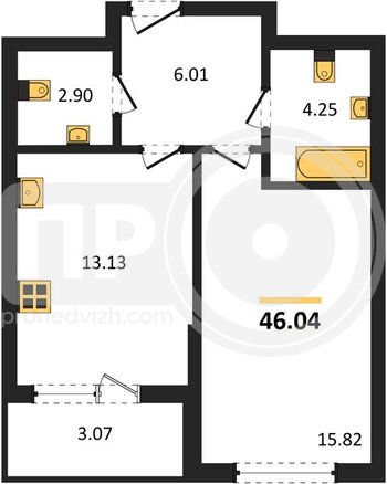 Миниатюра 1-комнатная квартира, 46.04кв.м