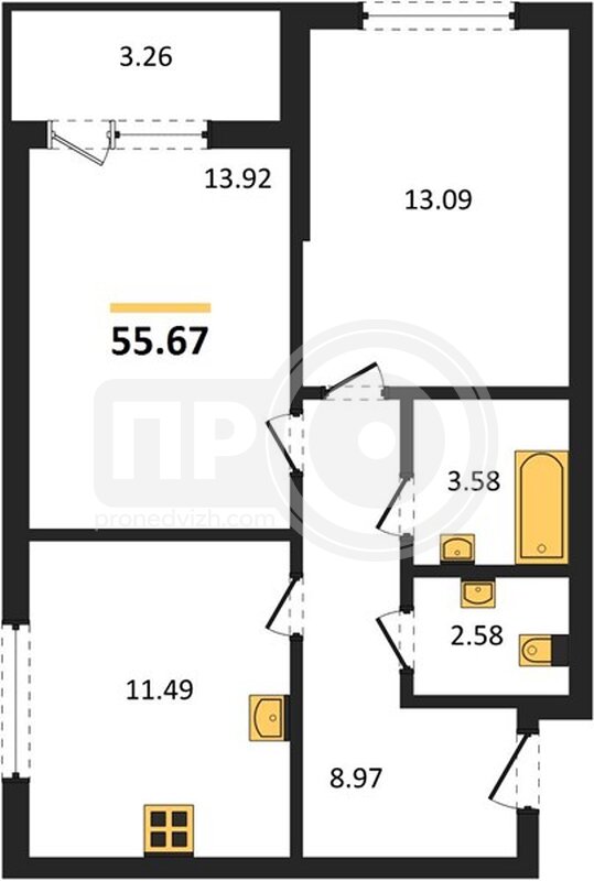 2-комнатная квартира, 55.67кв.м