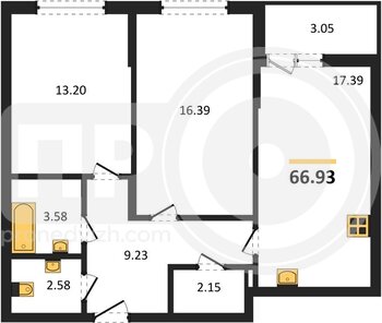 Миниатюра 2-комнатная квартира, 66.93кв.м
