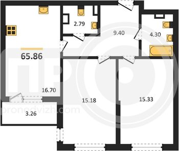 Миниатюра 2-комнатная квартира, 65.86кв.м