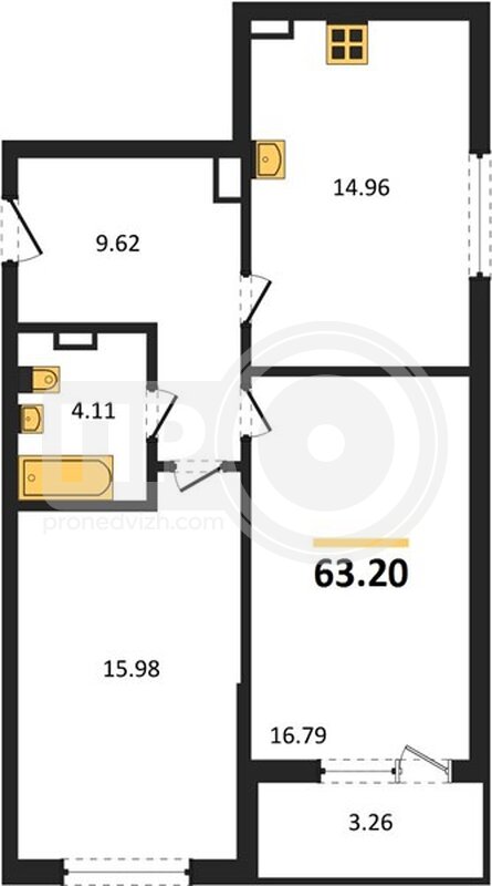 2-комнатная квартира, 63.2кв.м
