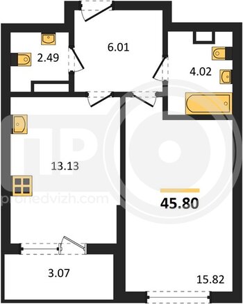 Миниатюра 1-комнатная квартира, 45.8кв.м