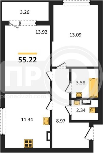 Миниатюра 2-комнатная квартира, 55.22кв.м
