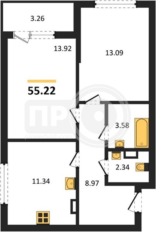 2-комнатная квартира, 55.22кв.м