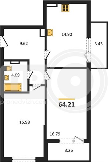 Миниатюра 2-комнатная квартира, 64.21кв.м