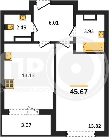 Миниатюра 1-комнатная квартира, 45.67кв.м