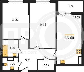 Миниатюра 2-комнатная квартира, 66.6кв.м