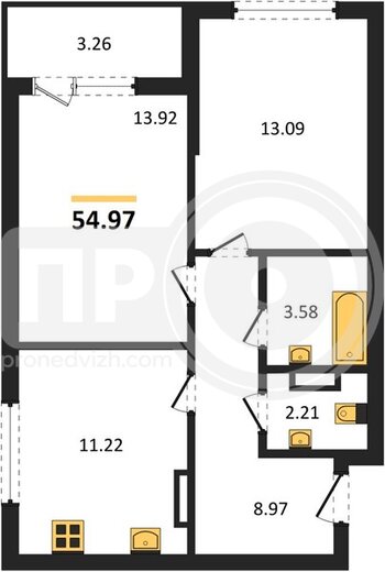 Миниатюра 2-комнатная квартира, 54.97кв.м