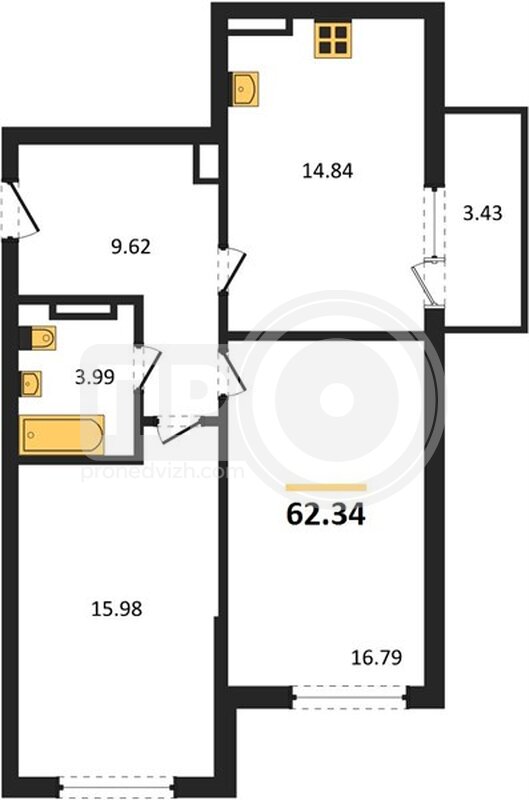 2-комнатная квартира, 62.34кв.м