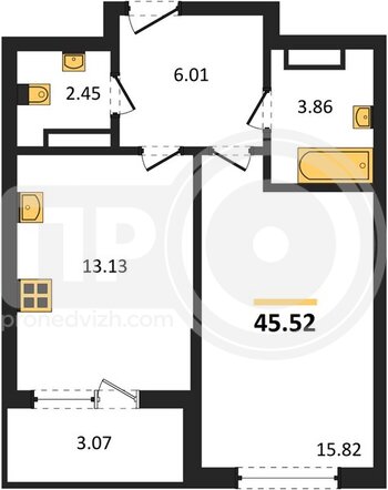 Миниатюра 1-комнатная квартира, 45.52кв.м